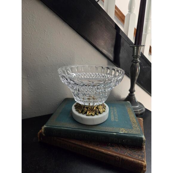 Vintage Cut Crystal Bowl on Marble Pedestal Base with Brass Grapevine Trim 5" - Picture 1 of 7